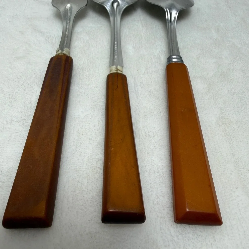 Vintage Butterscotch Handle Utensil Set 3pc Stainless USA Mid Century Modern MCM